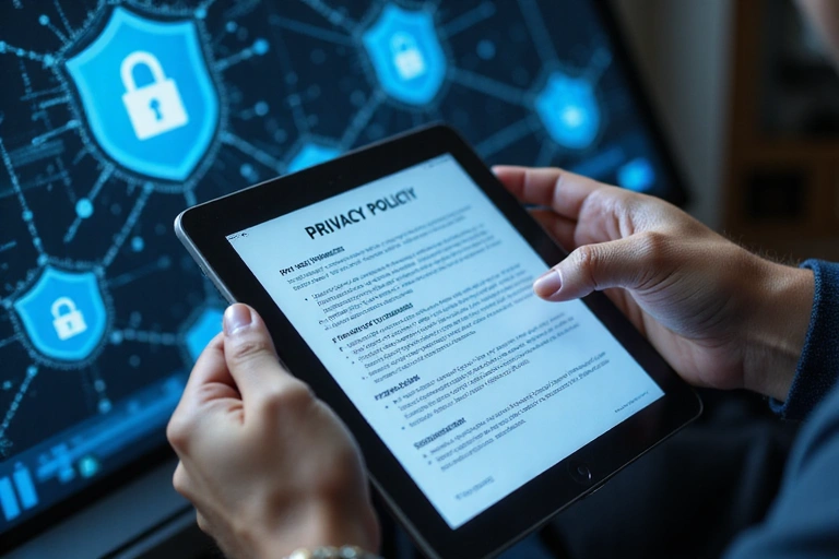 A person reviewing privacy policy on a tablet, with secure data icons floating around.