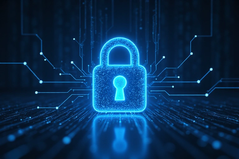 Digital lock icon with data streams representing cyber security